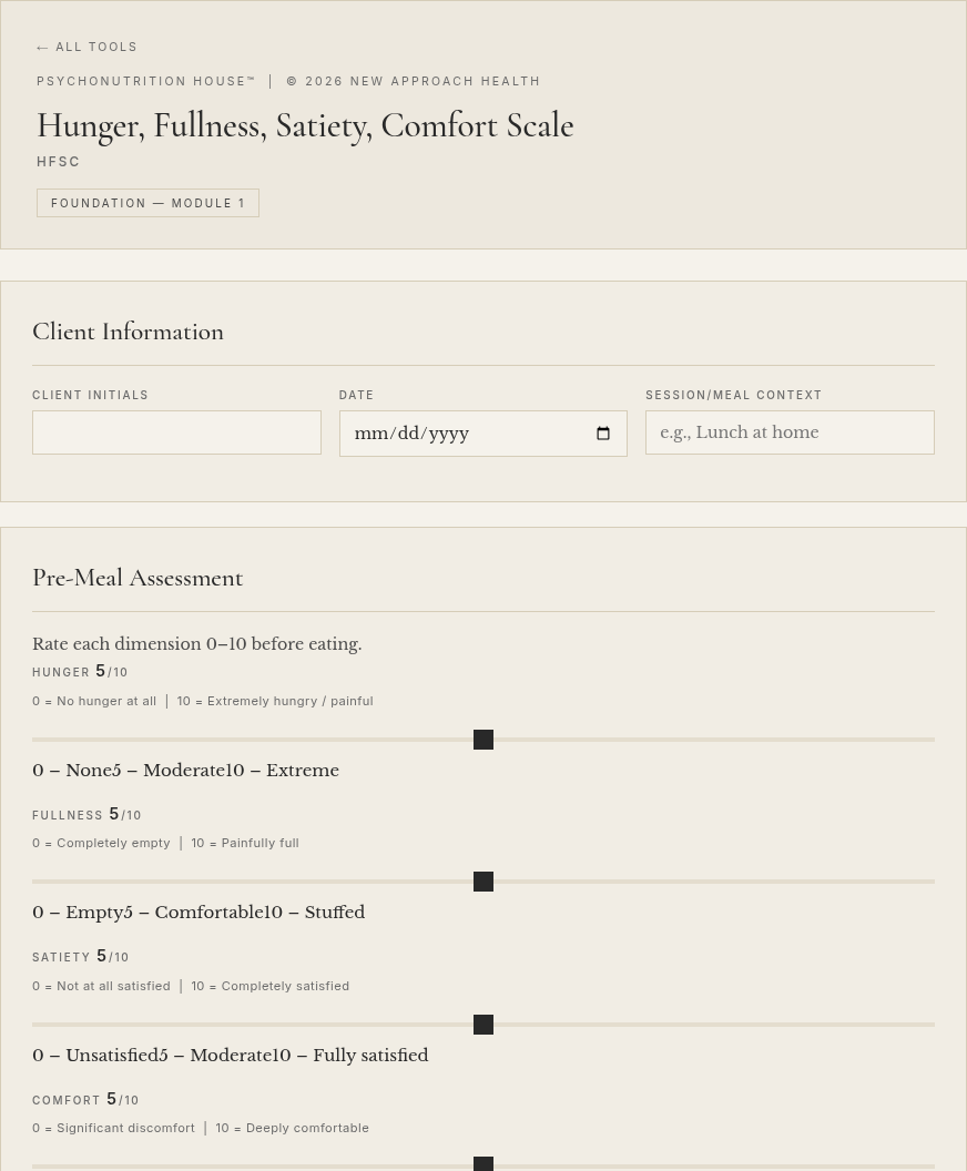 Actual HFSC tool, pre-meal view, with blank identifying fields and sample sliders at 5 out of 10